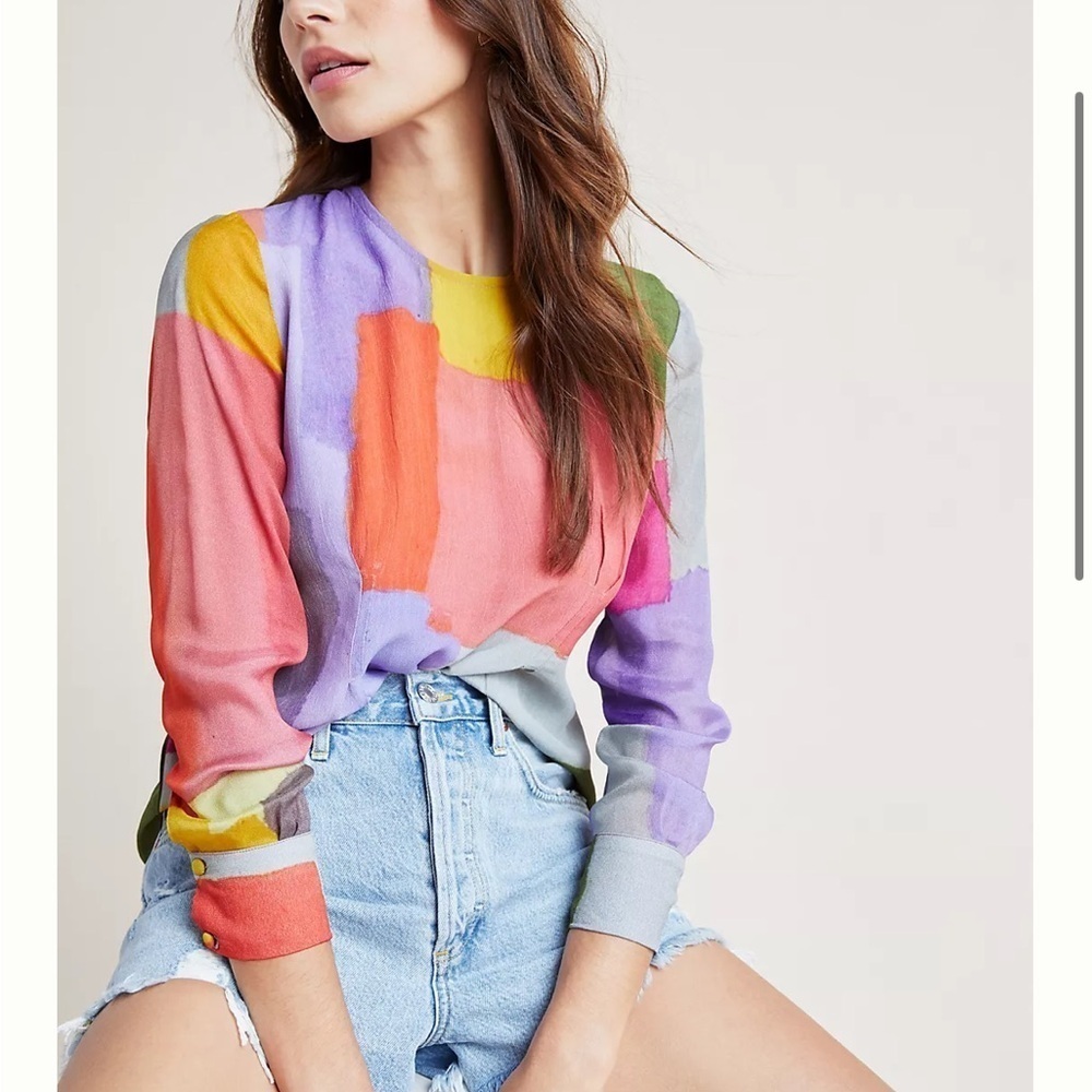 Anthropologie x Conditions Apply Pastel Blouse Geometric Watercolor Top Sz S